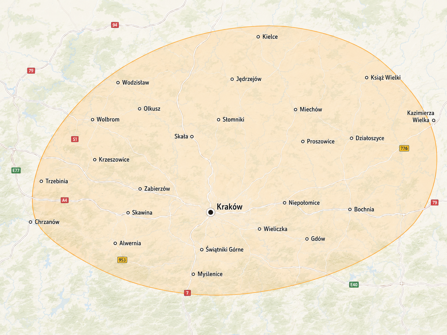 Mapa obszaru działania DRAGADI — Kraków i okolice